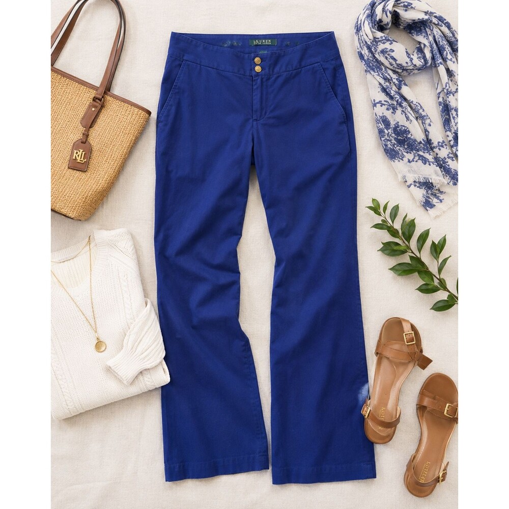 Lauren Ralph Lauren Blue Stretch Cotton Pants Trousers Women's Size 8 Wide Leg